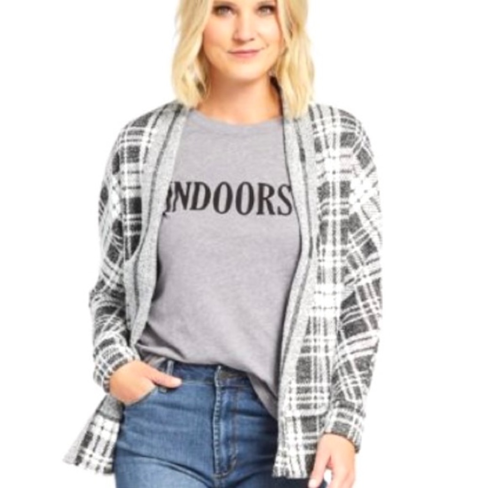 Peyton Jenson Black & White Plaid‎ Knit Cardigan Sweater M